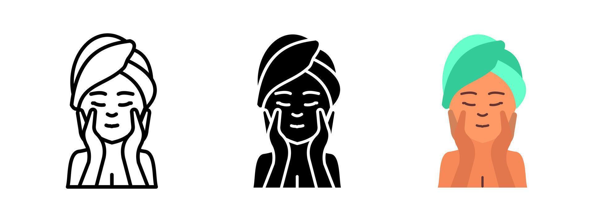 Spa beauty icon. Woman with towel on head gently touching face with both hands illustration. Skincare and facial treatment symbol. Relaxation and wellness care sign. Hygiene pictogram. vector