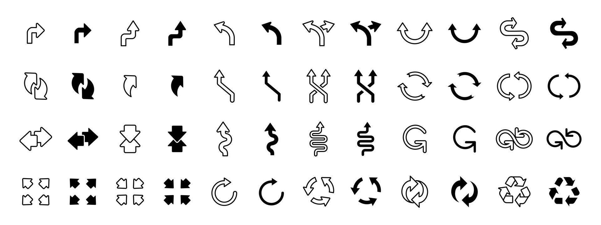Arrow icon set. Various curved, straight and looped arrows in outline and filled styles. Navigation and movement symbols for UI interfaces, directional signs or process flow visualizations. vector