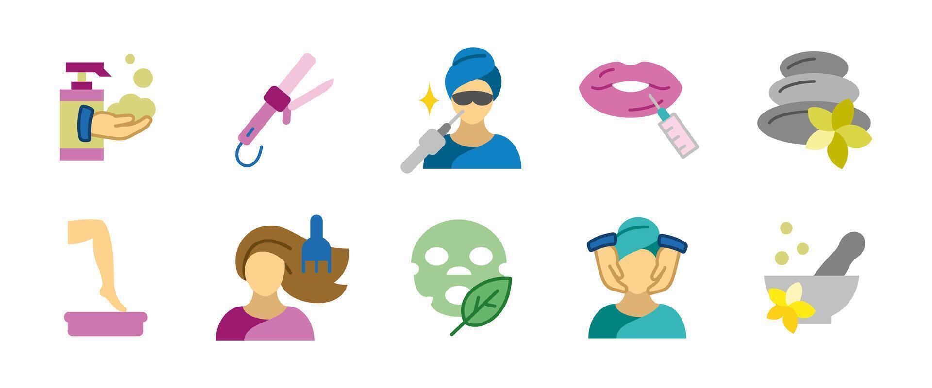 Beauty spa cartoon icon set. Cosmetic and wellness colorful illustration. Skincare, treatment, massage and aesthetic procedures pictograms for salons, self-care and organic beauty routines. vector