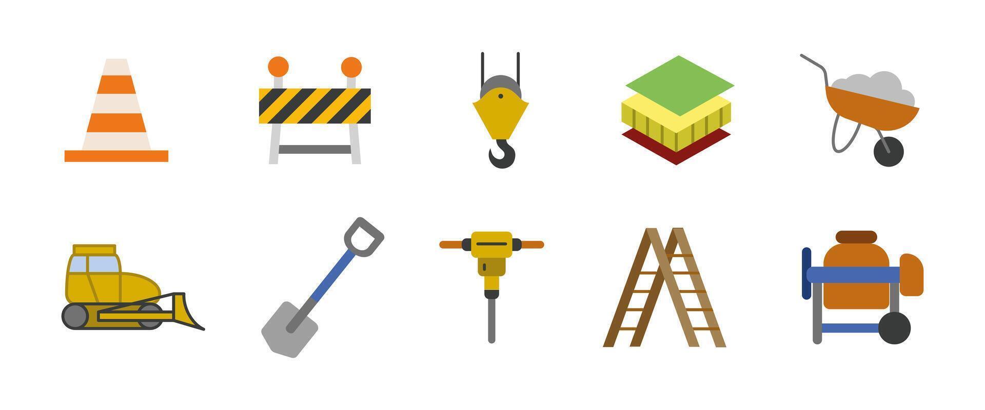 Construction cartoon icon set. Building tools and equipment colorful illustration. Site safety, machinery and repair symbols. Industrial elements for architecture and roadwork design projects. vector
