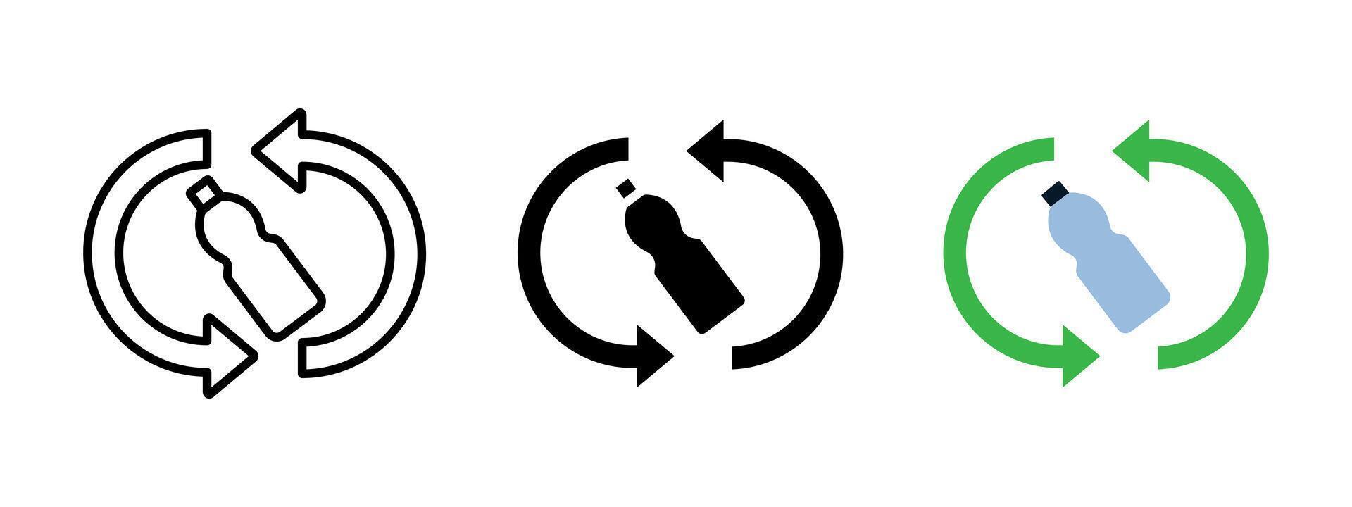 Plastic recycling icon. Bottle surrounded by circular arrows illustration. Symbol of sustainable waste management, environmental protection and eco-friendly packaging practices. vector