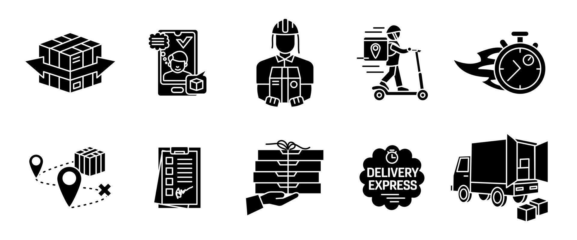 Delivery service icon set. Courier, parcel tracking, express transport, shipping route and logistics glyph elements. Transportation black symbol. Fast delivery sign. E-commerce logistics pictogram. vector
