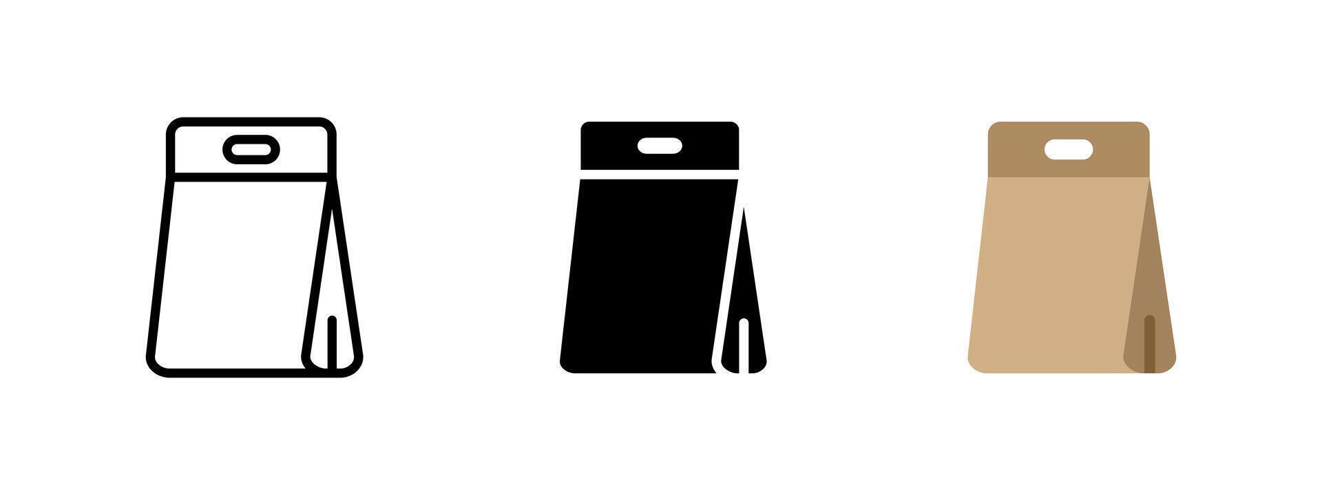 Bag icon. Shopping paper bag with handle illustration. Eco-friendly packaging and blank retail container symbol. Gift, product or branding design sign. Market, sale and store pictogram. vector
