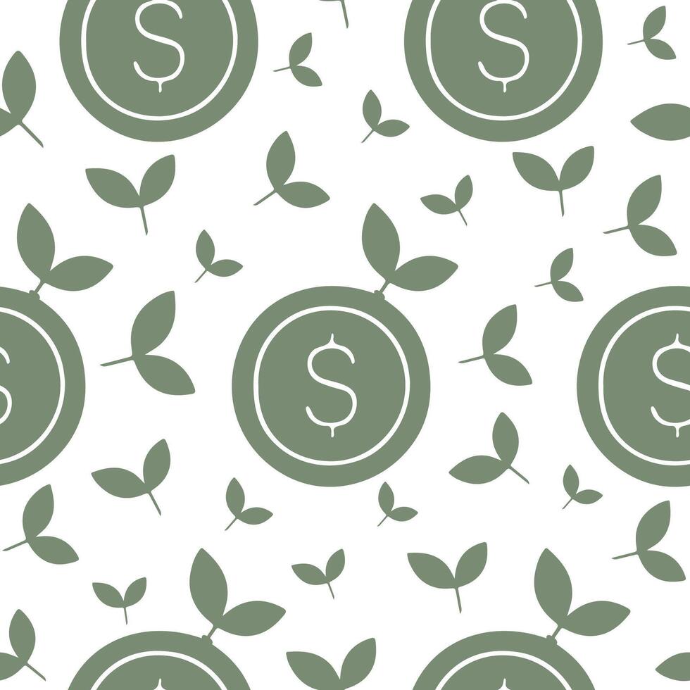 seamless pattern with business icon of working coin with branches of green leaves, connection of business and ecology vector