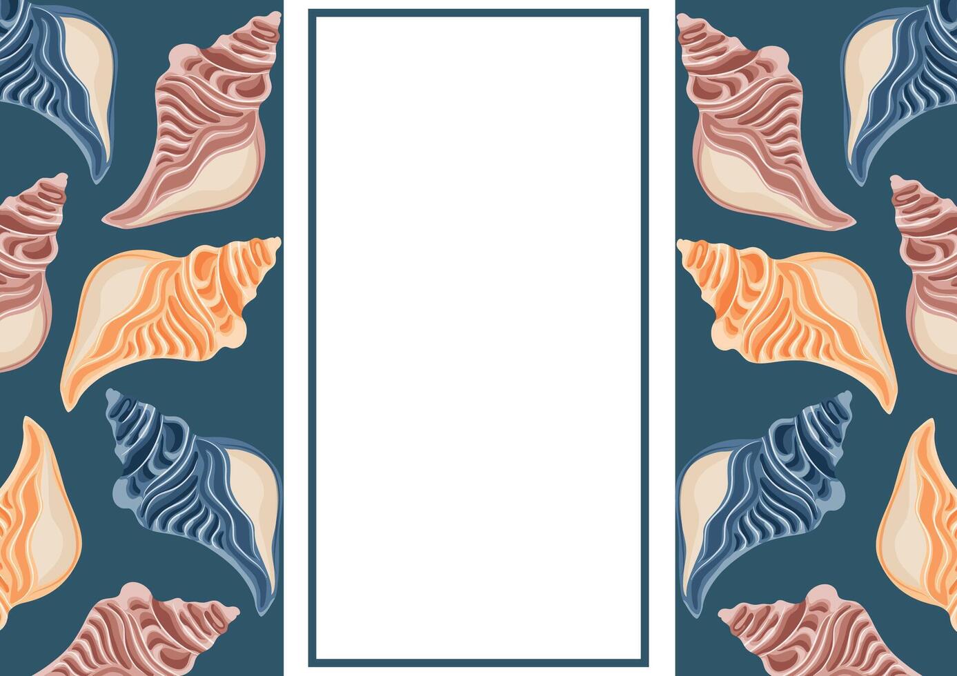 poster or postcard template with a marine theme, namely with colorful swirling sea shells and a white rectangle in the middle vector