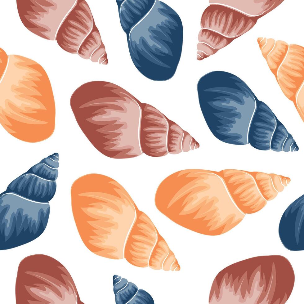 seamless pattern with colorful seashells, namely the shell of a crustacean, for marine and summer designs vector