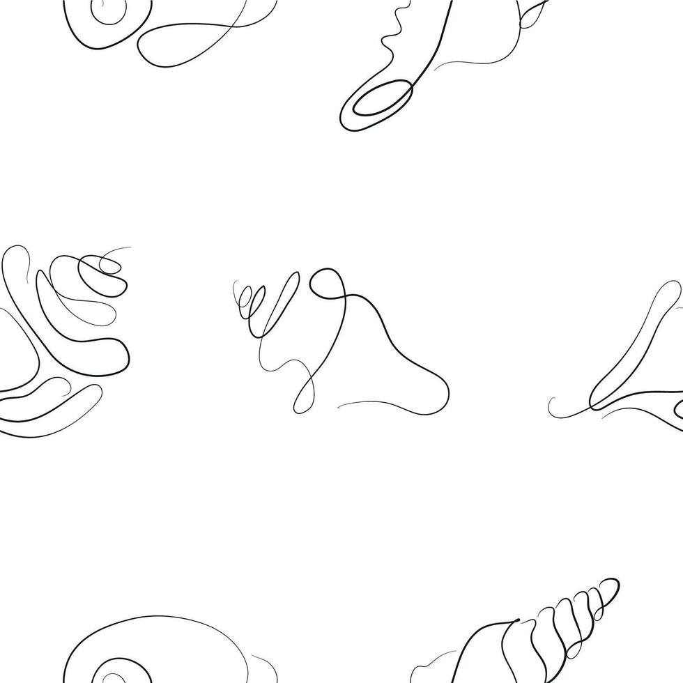 pattern of icons of various shells, mollusks and shells drawn with several lines in line art style, for various marine designs and company logos vector