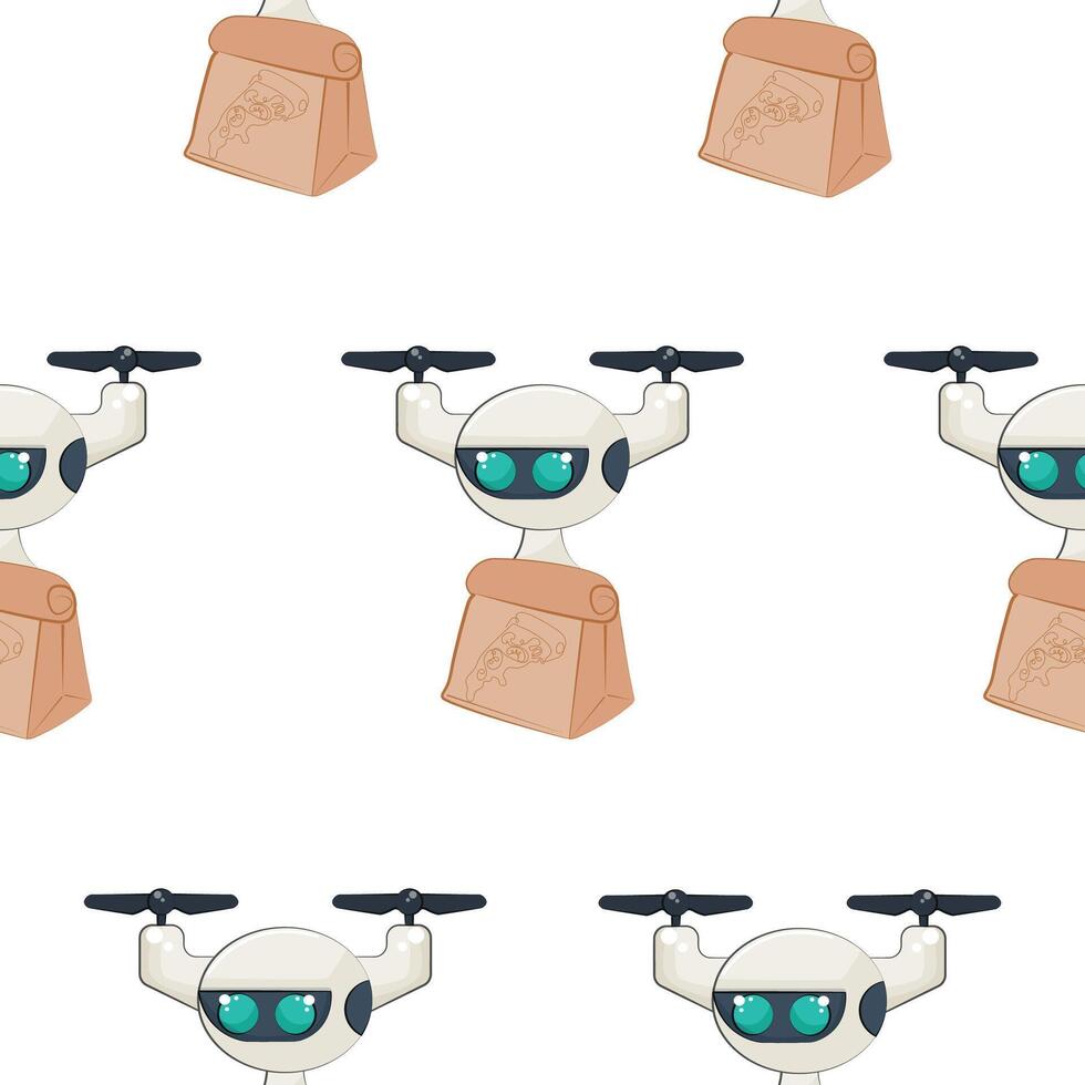 pattern with an icon of a drone courier flying with a paper pizza package, the concept of using modern technologies vector