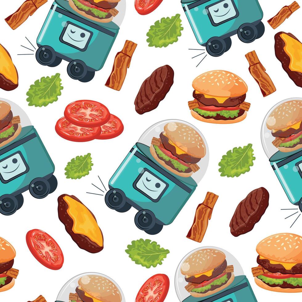 seamless pattern with an icon of an autonomous food delivery robot on wheels with a cheeseburger in a transparent dome with food, the concept of applying modern technologies vector