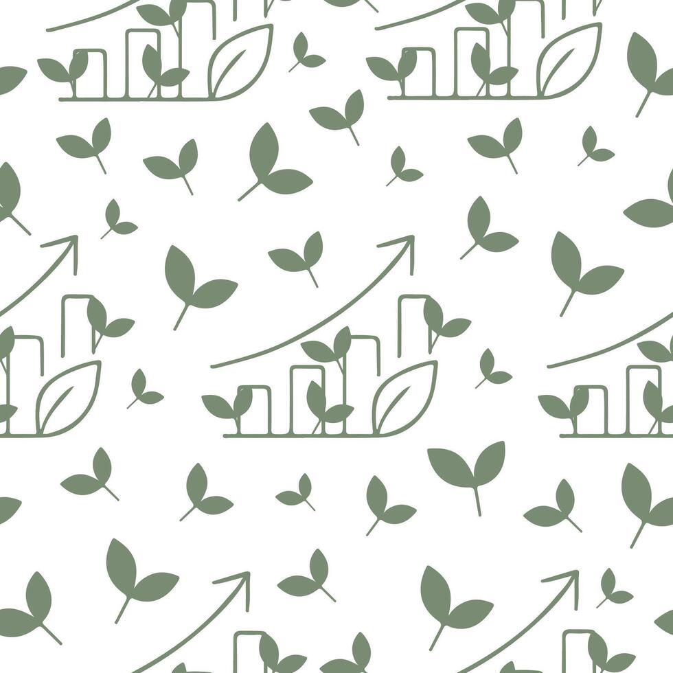 seamless pattern with business icon of business growth graph with branches of green leaves, connection of business and ecology vector