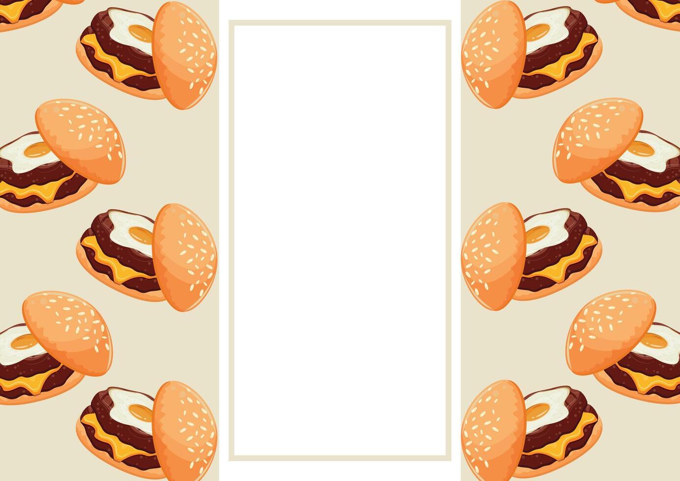 food-themed poster template with burgers with melted cheddar cheese, a fried egg, and a white rectangle in the middle vector