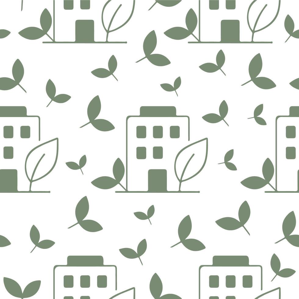 seamless pattern with a business icon of a house with branches of green leaves, which means ecological life, the union of business and ecology vector
