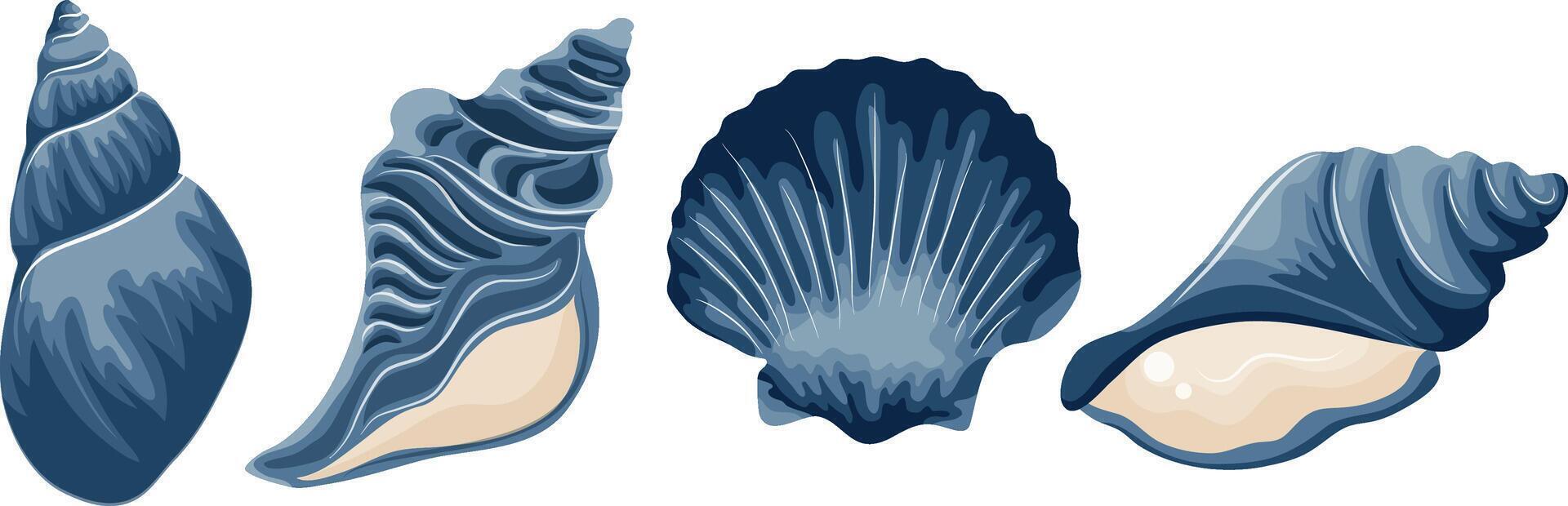 set of various blue icons of seashells, clams, shells and seashells, for various summer or marine designs vector
