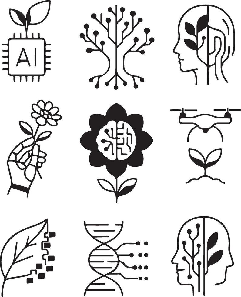 set of various icons combining modern technology and nature, namely ecology, showing modern biotechnology vector