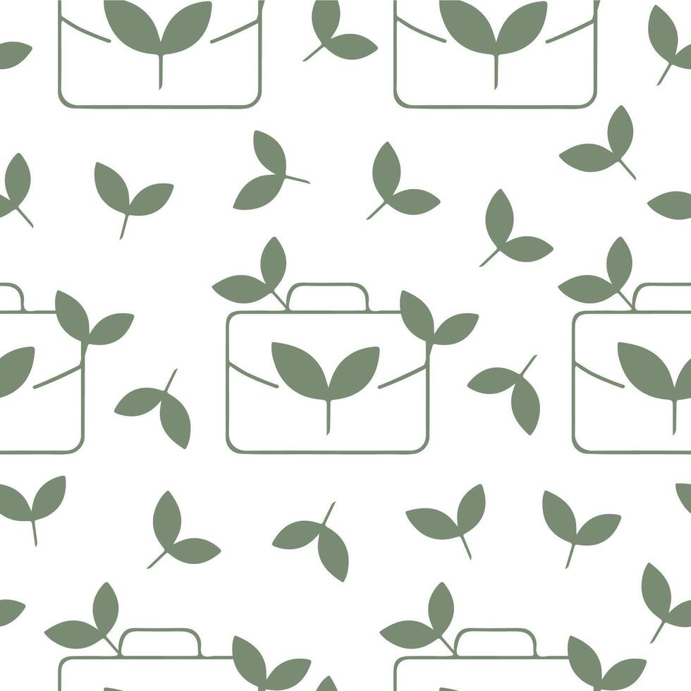 seamless pattern with business icon of a working portfolio with branches of green leaves, combining business and ecology vector