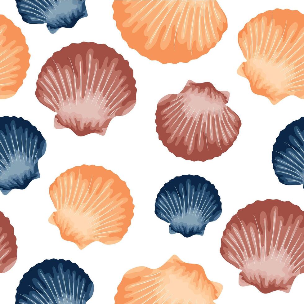 Seamless pattern with icons of colorful sea scallops from the ocean floor, for marine and summer designs vector