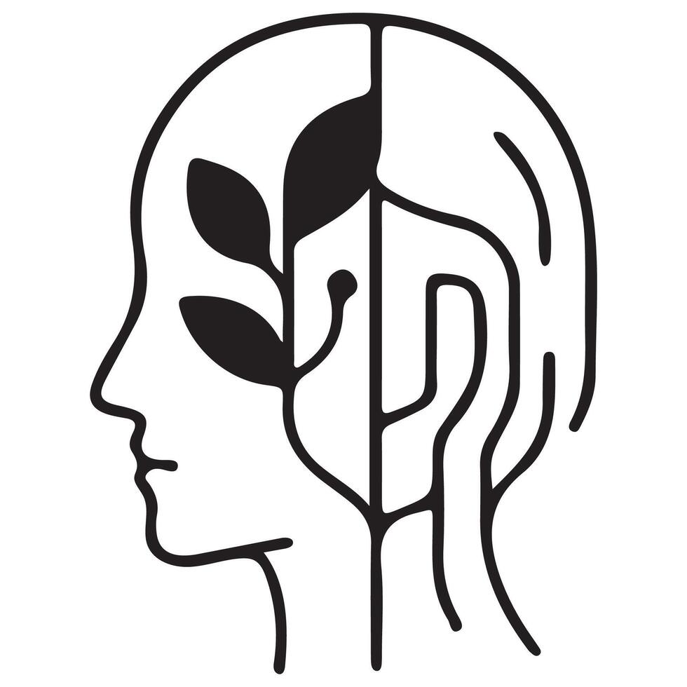 head silhouette icon with leaf and microcircuit elements, showing the combination of modern technology and ecology vector