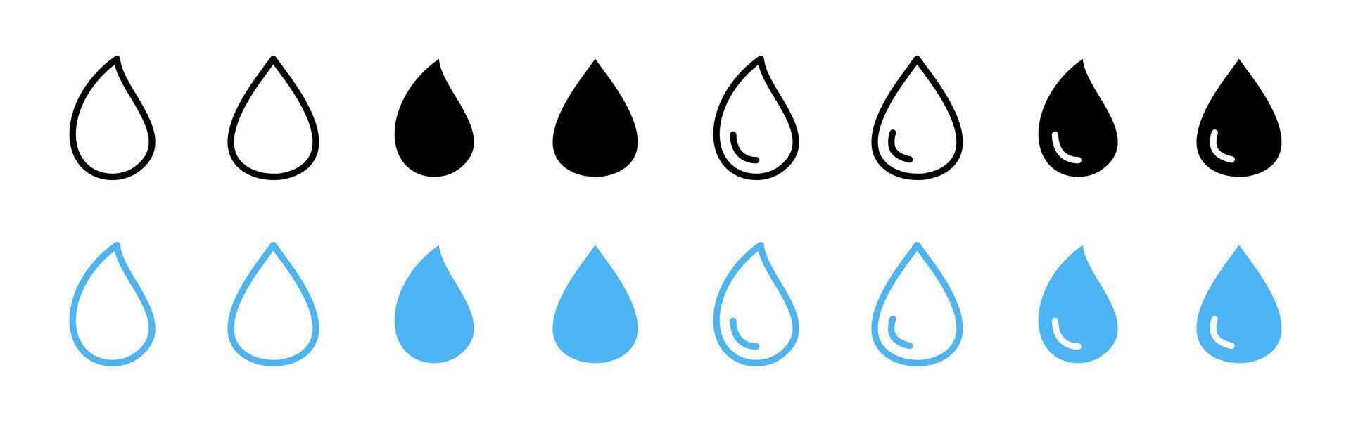 Water drop icon set. Simple blue droplets symbol set. Liquid, rain or hydration sign. Weather apps, eco-related content and cleanliness or water conservation designs. Pure water rain drop pictogram. vector