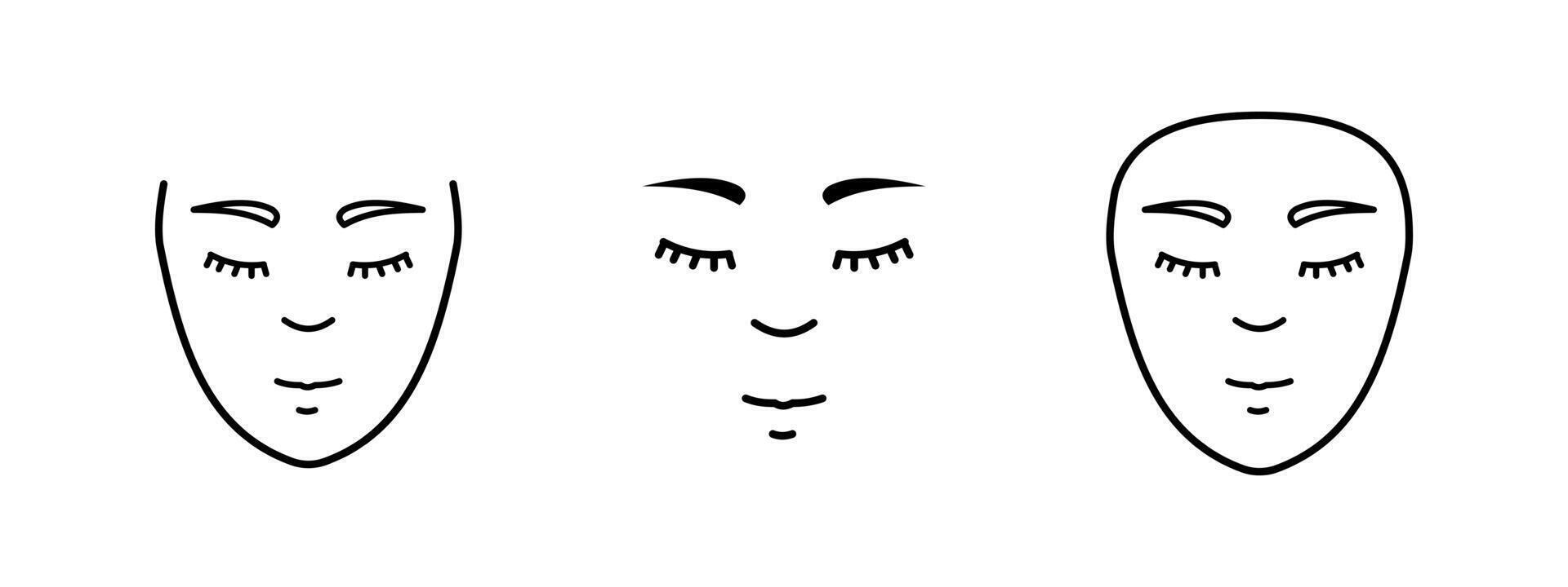 Female face icon. Minimalistic woman's face with closed eyes and relaxed expression illustration. Beauty and skincare treatment symbol. Calmness and wellness spa sign. Facial care pictogram. vector