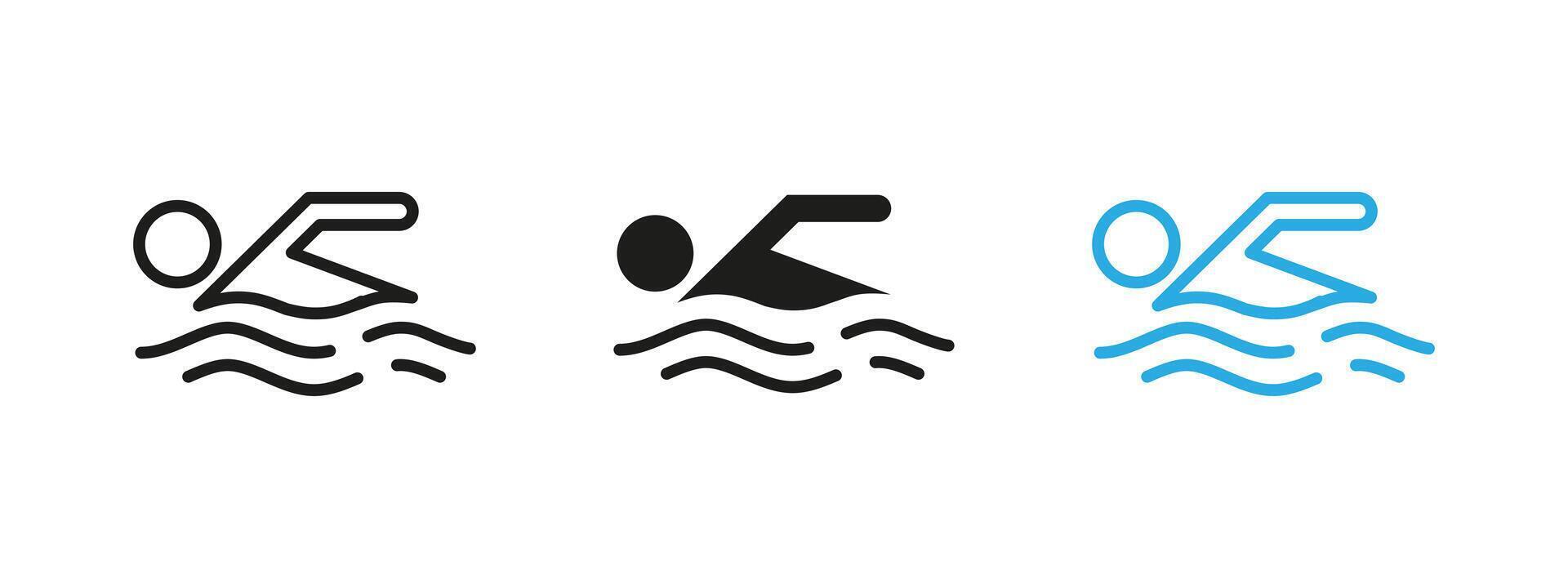 Swimming icon. Swimming with water wave lines illustration. Aquatic sport symbol for fitness, pool signage and recreational activity design. Dynamic motion pictogram for swim teams or training. vector