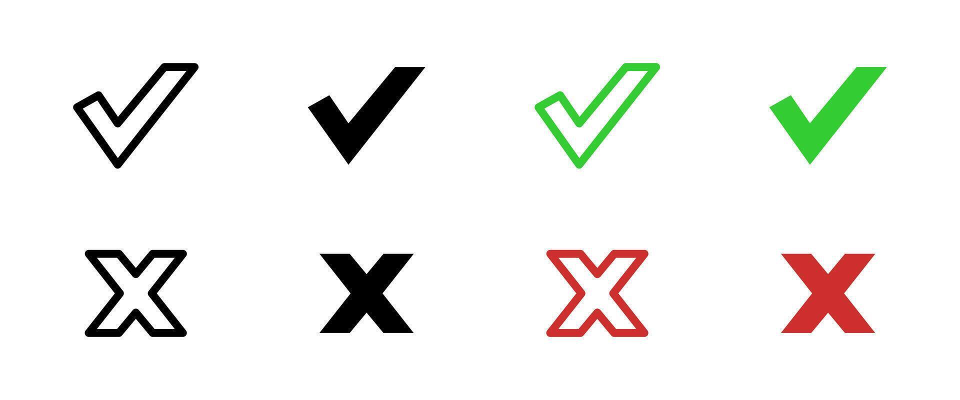 Check and cross mark icon. Green check symbol and red cross sign illustration. Approval and rejection status symbol. Validation and decision-making sign. User interface pictogram. vector