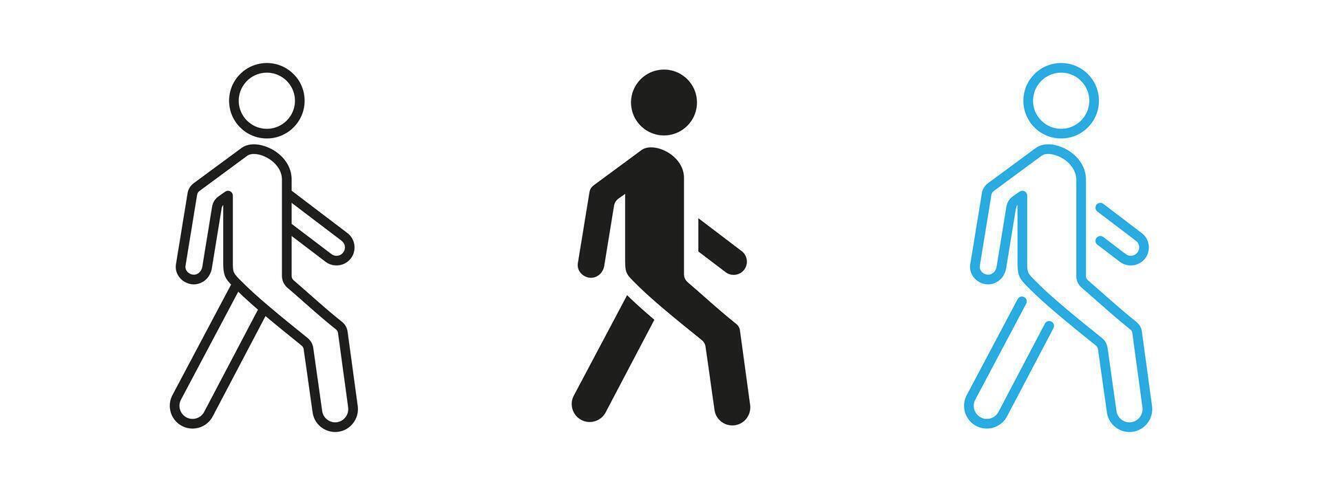 Pedestrian icon. Walking human figure illustration. Symbol of urban mobility and public movement. Used for traffic signs, crossings and navigation interfaces. vector