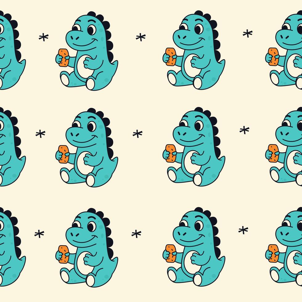 Seamless pattern cartoon blue dinosaur character vector