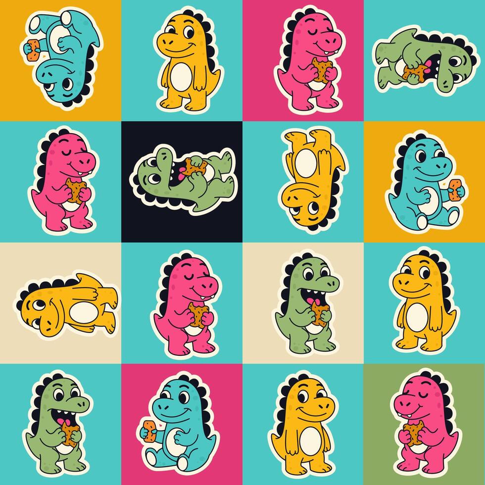 Seamless geometric stickers pattern character cartoon dinosaurs vector
