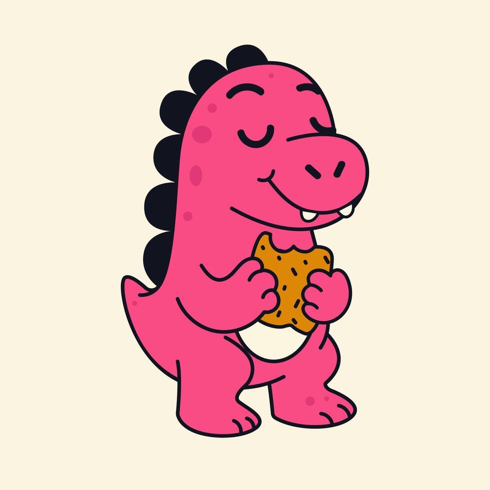 Cute cartoon pink dinosaur eating cookies vector