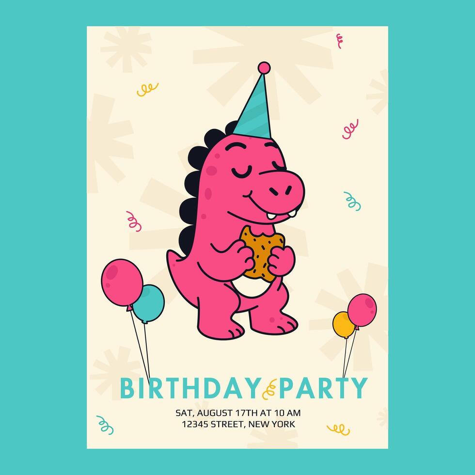 Birthday party invitation with cute pink dragon vector