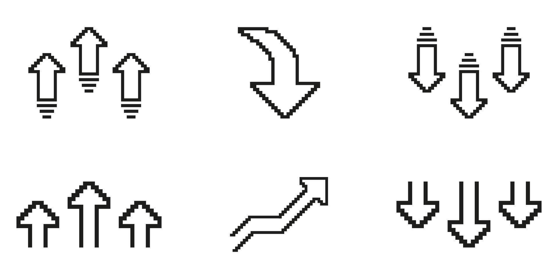 Pixel Art Arrow Icon Set. Directional Navigation And Trend Indicators In Pixelated Style. Upward, Downward, And Curved Arrows For Movement And Progress Representation. Isolated Illustration vector