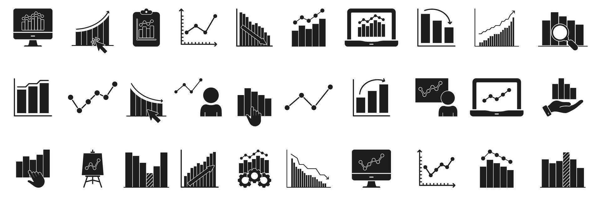 Business Analytics And Data Visualization Solid Icon Set. Financial Growth, Market Trends, And Performance Metrics Silhouette Symbol Collection. Statistical Analysis. Isolated Illustration vector