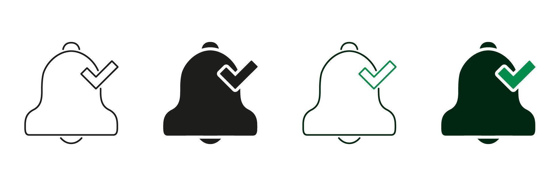 Notification Bell With Checkmark Line And Solid Icon Set. Alert Confirmation And Task Completion Symbol Collection. Reminder And Notification Management. Isolated Illustration vector