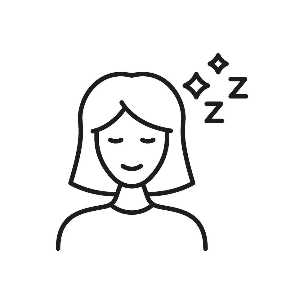 Female Sleeping Icon. Restful Sleep, Relaxation, And Peaceful Mind Outline Symbol. Sleep Quality And Well-Being. Editable Stroke. Isolated Illustration vector
