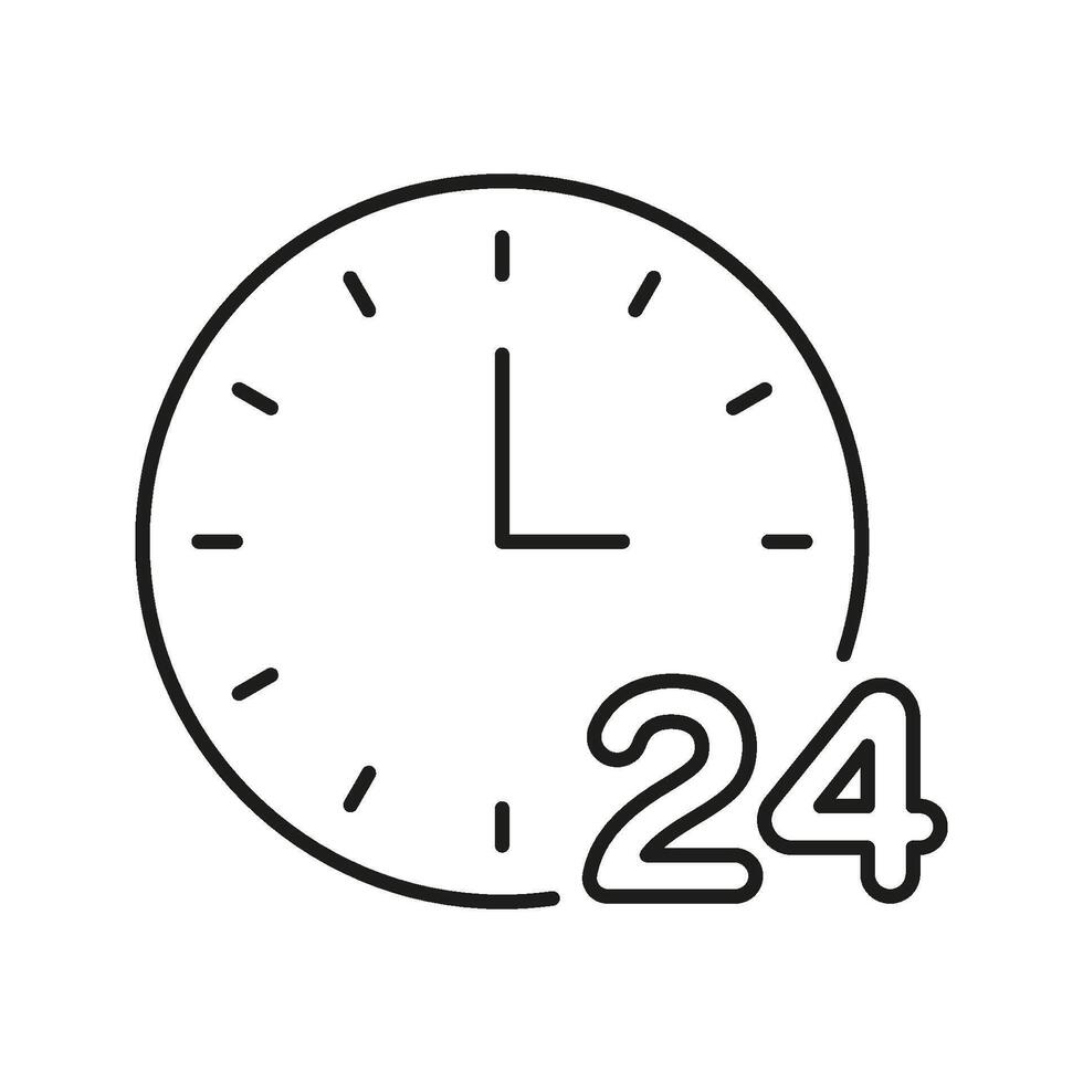 Clock With 24-Hour Symbol Line Icon. Around-The-Clock Service, Time Management, And Continuous Operation Outline Symbol. Business Efficiency. Editable Stroke. Isolated Illustration vector