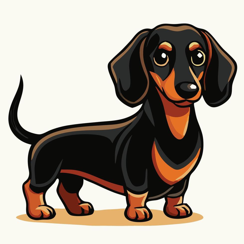 Cartoon dachshund with black and orange markings stands confidently against a cream backdrop vector