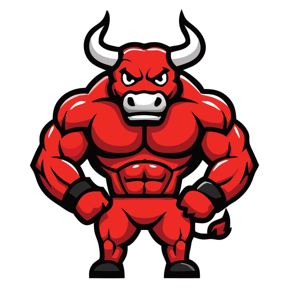 Ferocious red bull mascot displays muscular physique and imposing horns with stern expression vector
