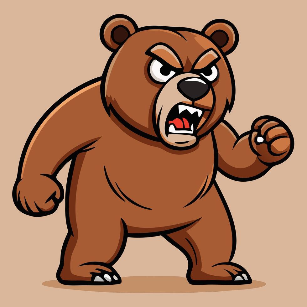 Cartoon brown bear fiercely roars with a menacing expression, appearing quite agitated and ready to fight vector