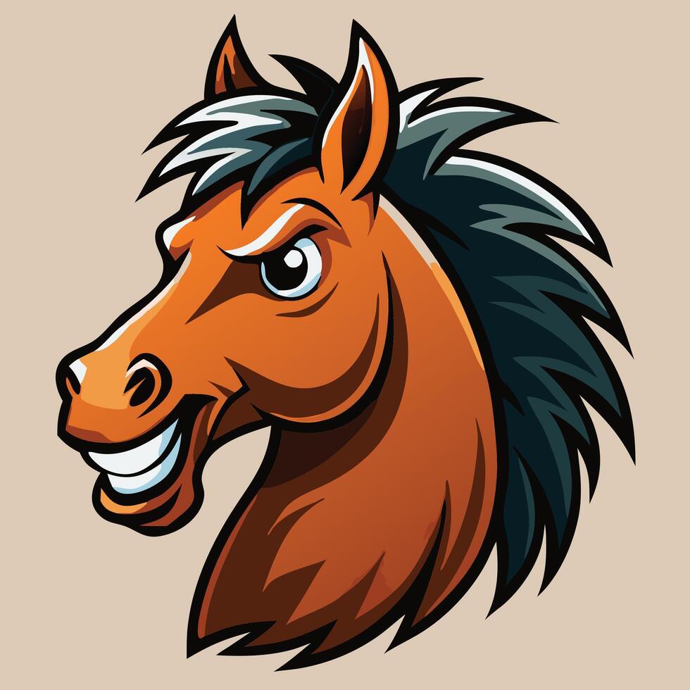 Cartoon horse head shows a mischievous grin in shades of orange with bold outlines vector