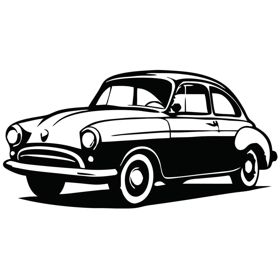 An elegant black and white illustration features a vintage car with whitewall tires vector