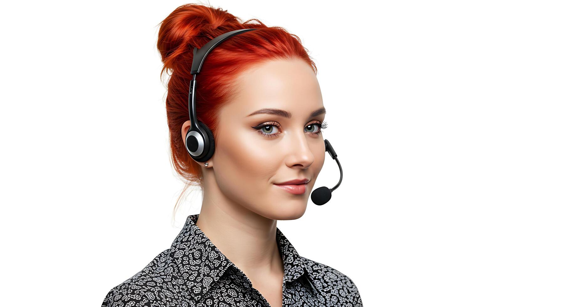 A woman wearing a headset with a microphone photo
