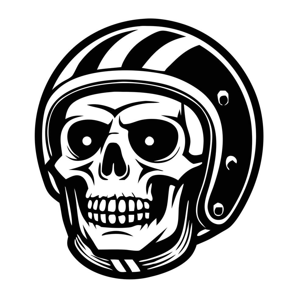 Skull art sports a striped motorcycle helmet and bold black outlines on white vector