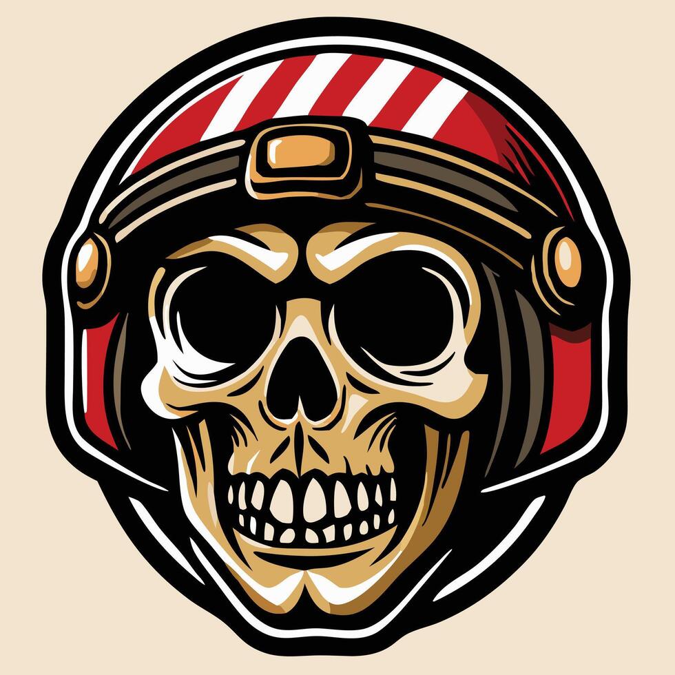 Skull wearing an old red crash helmet with a white background showcases spooky style vector