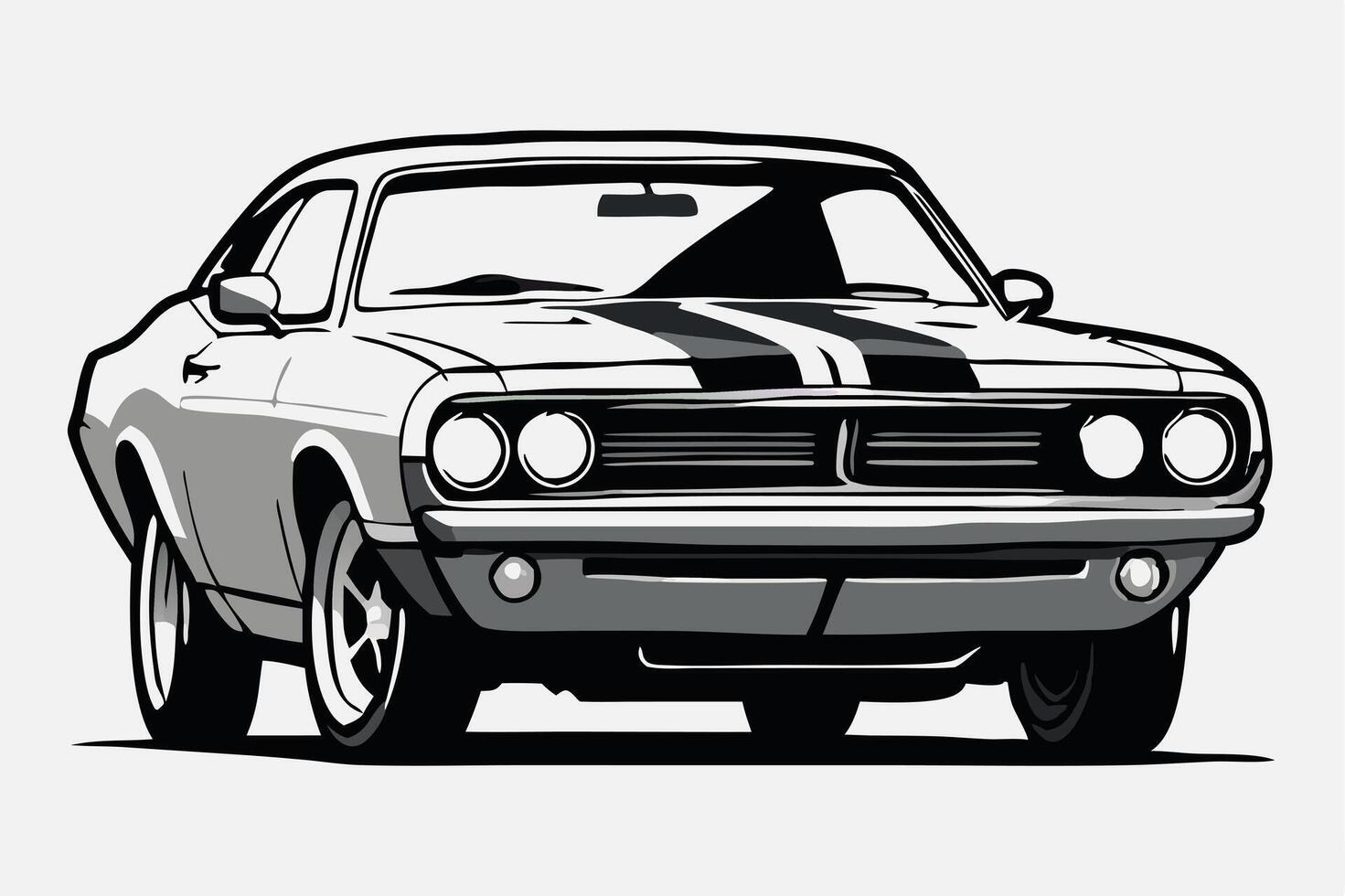 Classic grey car with dual racing stripes presents a powerful, vintage aesthetic front view vector
