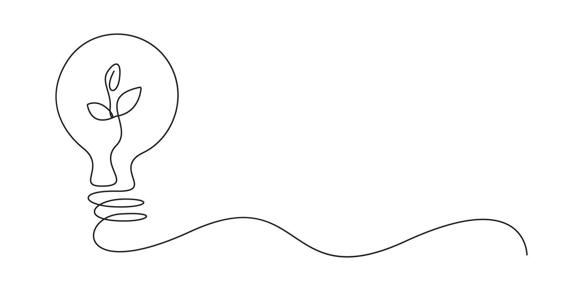 Continuous one line drawing of green plant in light bulb. Green energy concept graphic illustration vector