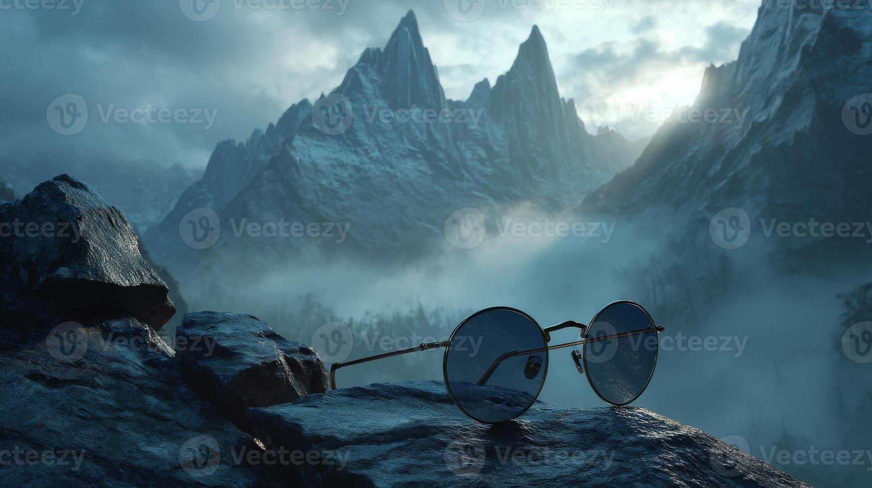 Sunglasses on a misty mountain rock with dramatic peaks in the background photo