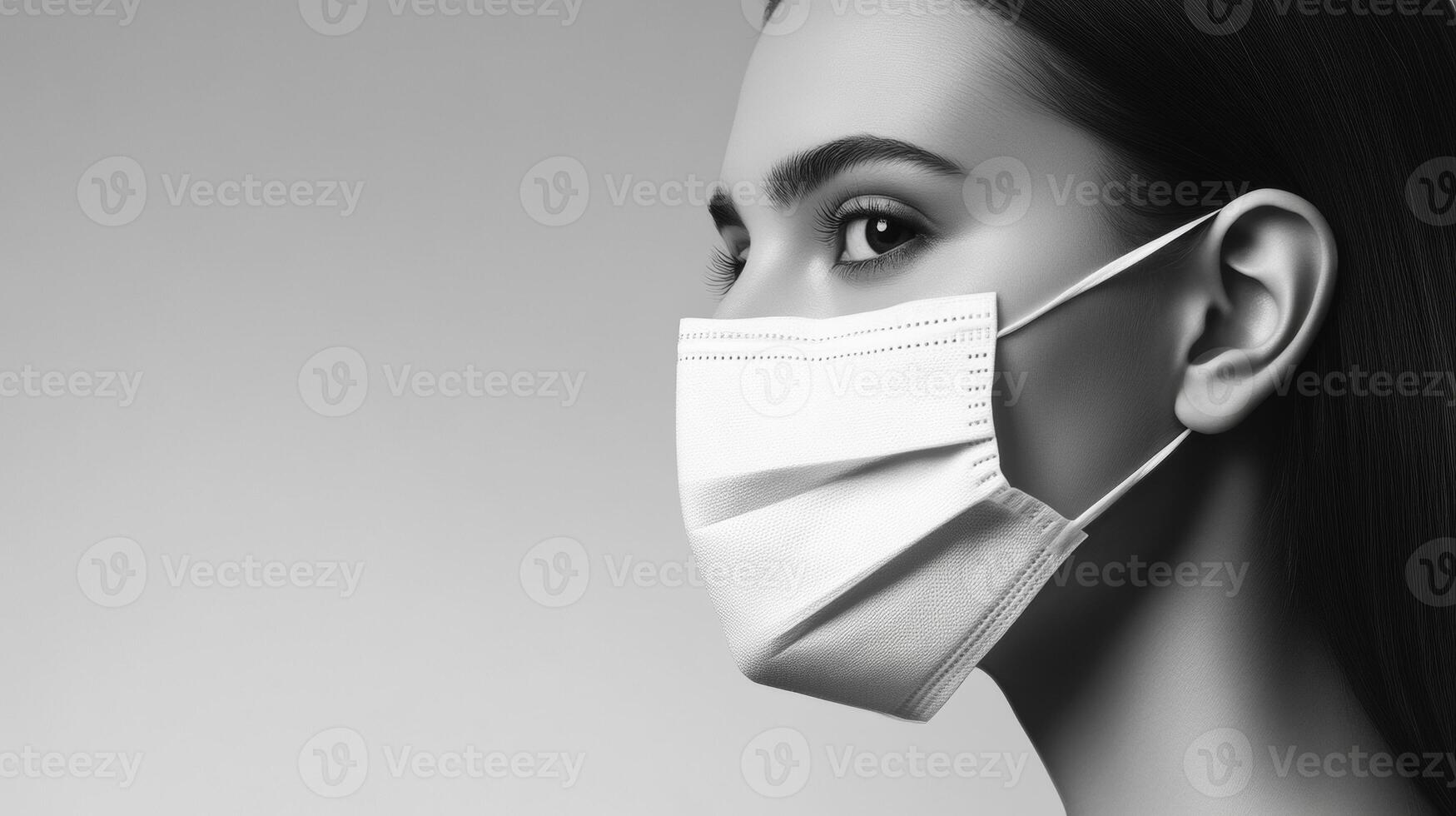 Young woman in face mask with neutral expression on gray background, health concept photo