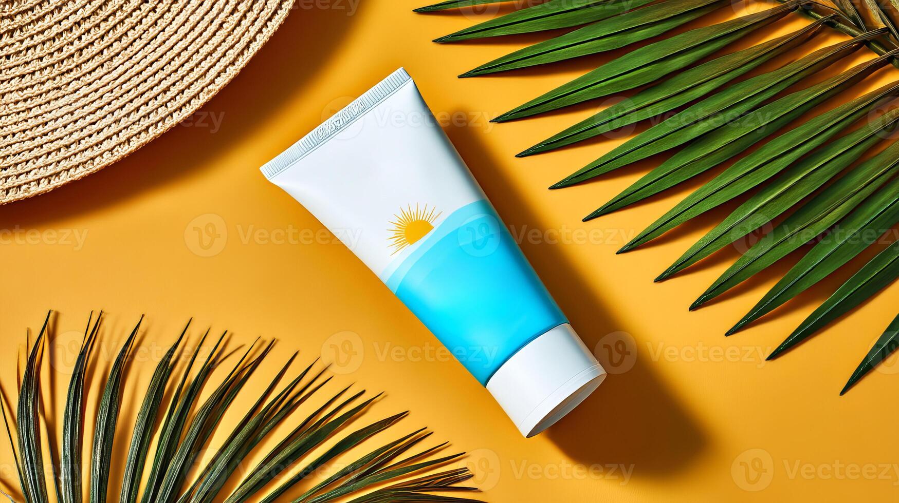 Sunscreen cream tube on yellow surface with palm leaves and straw hat, summer concept photo
