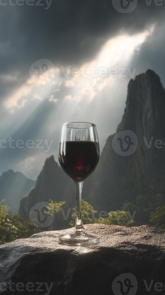 Glass of red wine on stone with sun rays through mountain clouds, serene landscape photo