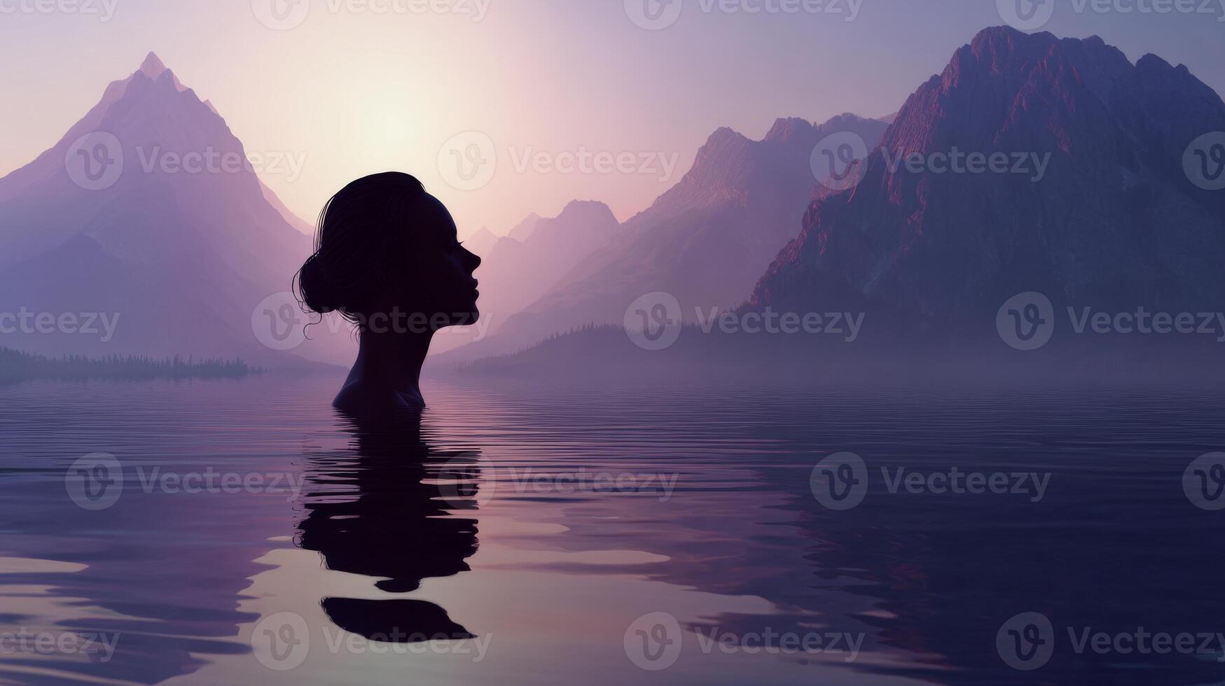 Silhouette of woman in serene lake at sunset amidst purple mountains, digital art photo